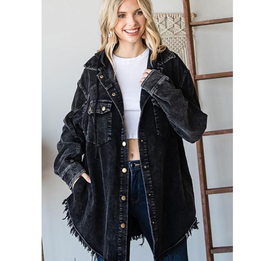 Washed Black Corduroy Hooded Button Down Jacket - Picture 5 of 5